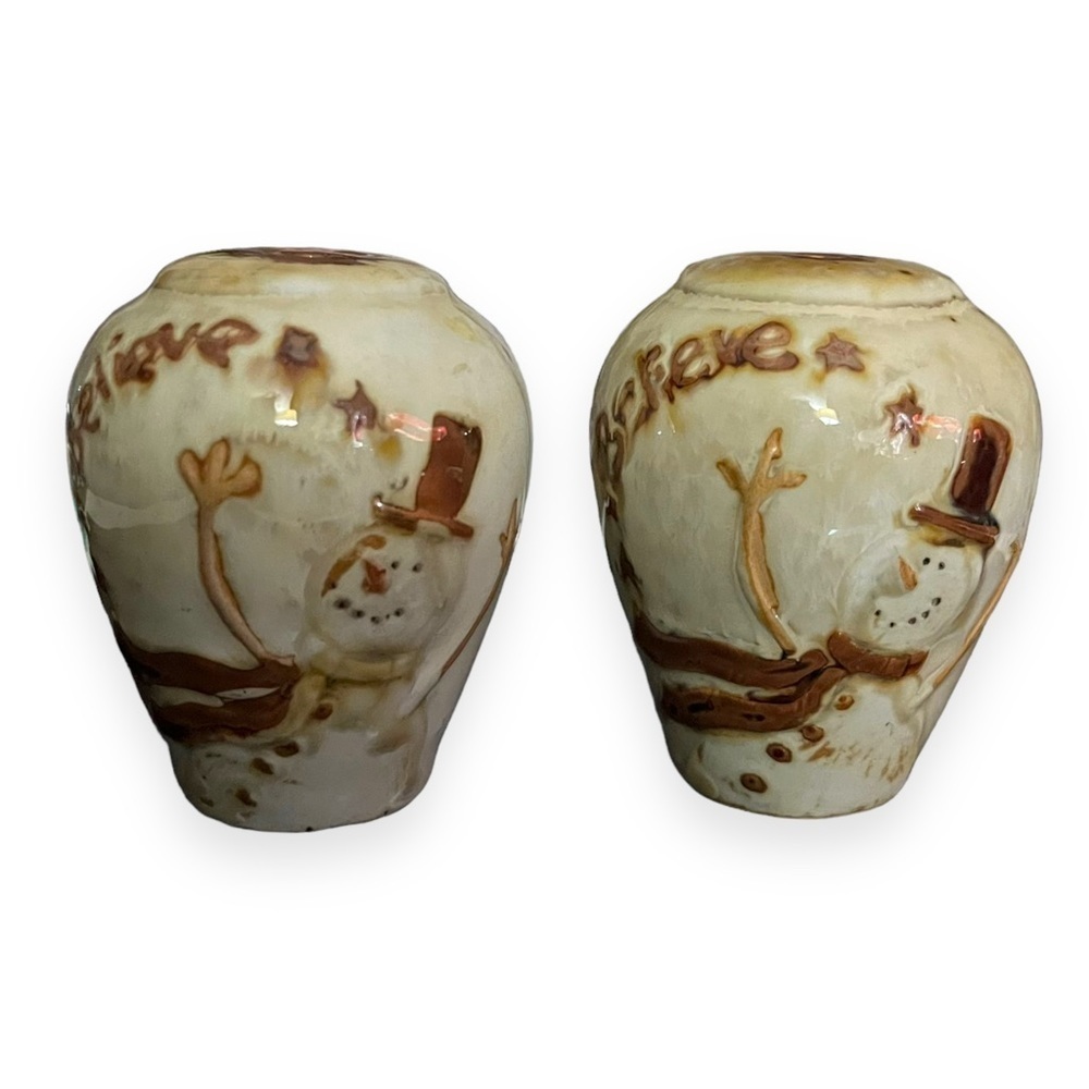 Stoneware Believe Snowman Salt and Pepper Shaker Set Brown Rust Glaze Pottery